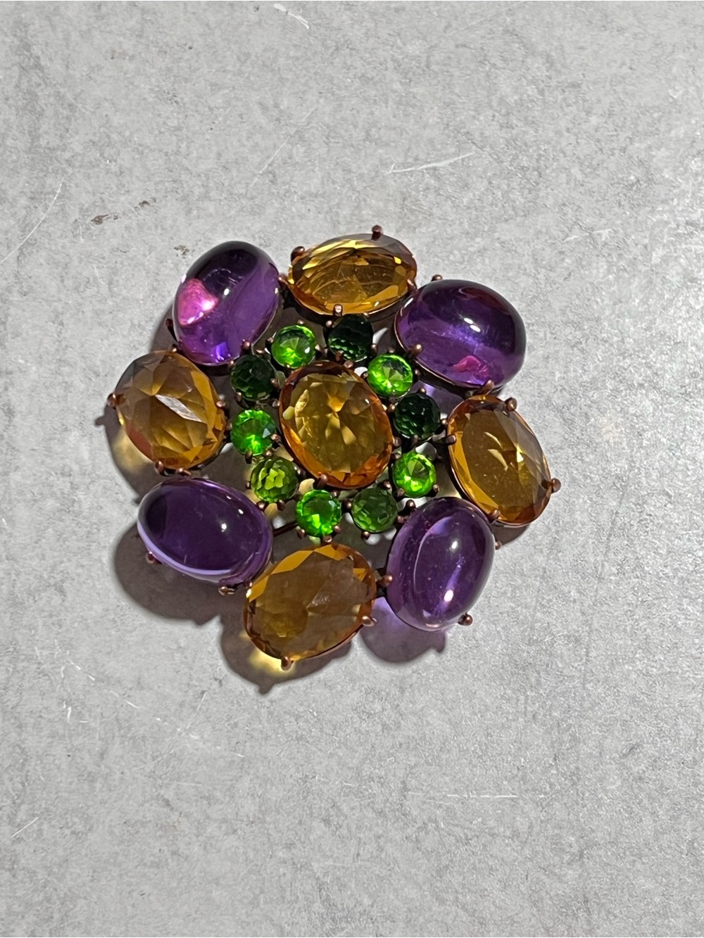 VTG Signed JOAN RIVERS Mardi Gras Purple Cabochon Yellow & Green Stones Brooch